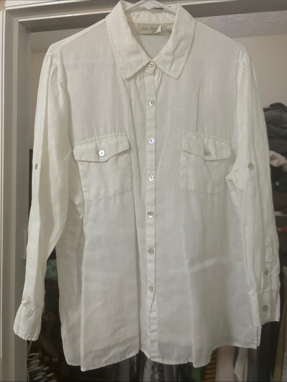 Vintage Studio Works Woman 1X White 100% Linen Roll Tab Shirt